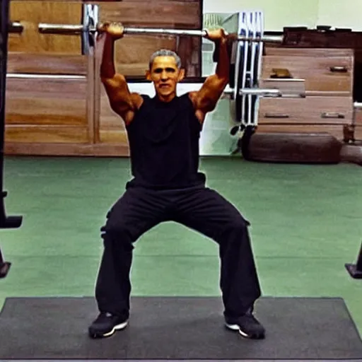 Prompt: obama lifting weights really strong