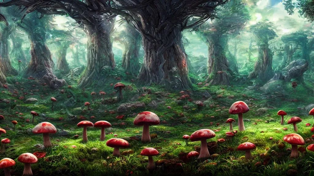 Image similar to mushroom forest, fantasy artwork, very very very beautiful scenery, hd, hdr, ue5, ue6, unreal engine 5, cinematic 4k wallpaper, 8k, ultra detailed, high resolution, artstation, award winning