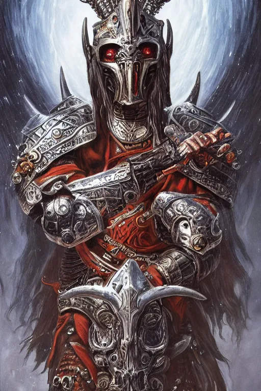 Image similar to full body concept art of Aztec knight wear baphomet armor made with porcelain by Jeff Easley and Peter Elson + beautiful eyes, beautiful face + symmetry face + galaxy + gothic, surreal, dread + highly detailed, intricate complexity, epic composition, magical atmosphere + masterpiece, award winning + trending on artstation