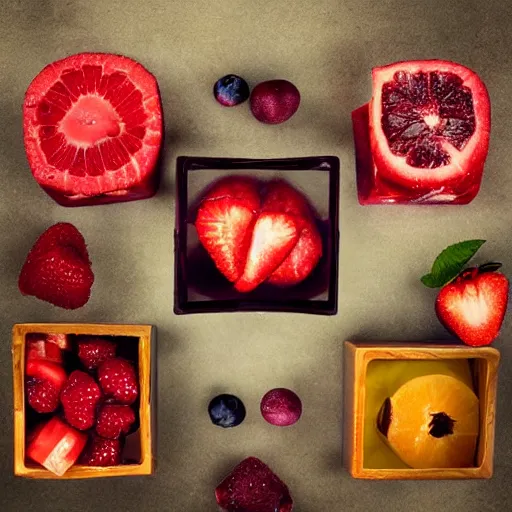 Prompt: edible rubic's cube made from fruit, food photography