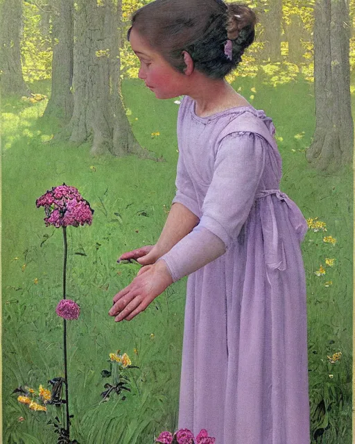 Prompt: detailed painting of a beautiful tardigrade standing upright and holding hands with a young girl, untouched by humans for years, with a brooding fairy inside it. sunlight beams down on the scene and you can tell it is spring from the flowers. atmospheric. by norman rockwell