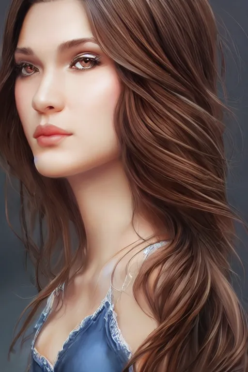 Image similar to a gorgeous female with long brown hair in the style of stefan kostic, realistic, full body, sharp focus, 8 k high definition, insanely detailed, intricate, elegant, art by stanley lau and artgerm