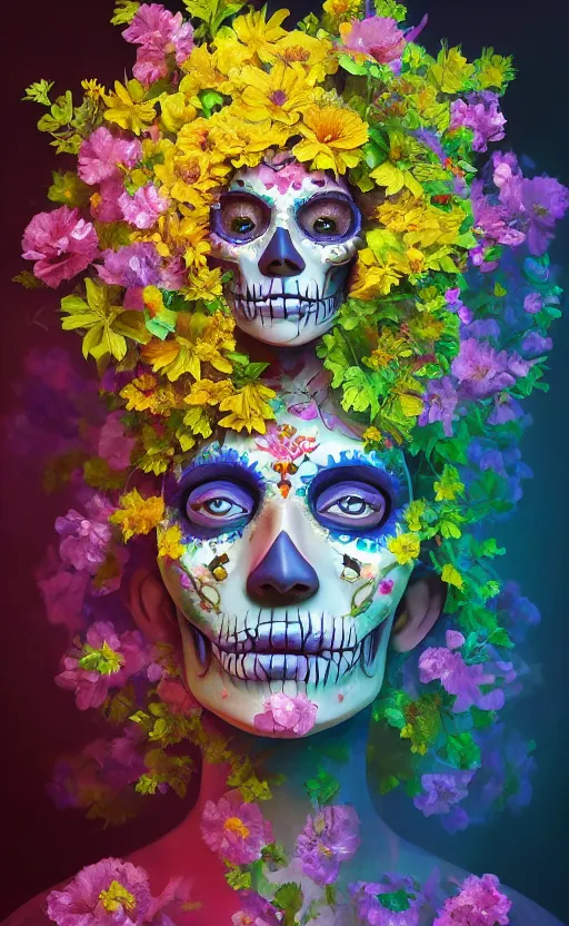 Image similar to a beautiful oil painting hyperrealism of a beautiful woman, flowers, dia de los muertos makeup, floral headdress, 8 k resolution, octane render, trending on artstation, by gediminas pranckevicius, volumetric light 2 blue fractal thunder glow by dan mumford, anaglyph effect, laurie lipton