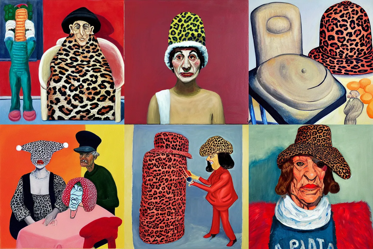 Prompt: “ painting of brand new, leopard - skin pillbox hat, by philip guston and paula rego ”