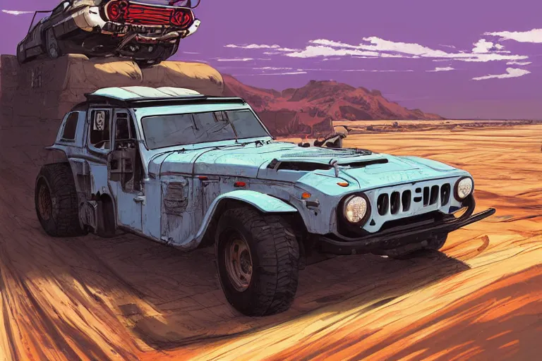 Image similar to digital illustration of mad max's fj 4 0 pursuit special, the last v 8 interceptor driving down a deserted dessert highway in the middle of the day by studio ghibli, anime style, by makoto shinkai, ilya kuvshinov, lois van baarle, rossdraws, basquiat