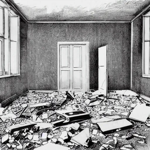 Prompt: The illustration shows a scene of total destruction. A room has been completely wrecked, with furniture overturned, belongings strewn about, and debris everywhere. The only thing left intact is a single photograph on the wall. This photograph is the only evidence of what the room once looked like. It shows a tidy, well-appointed space, with everything in its place. The contrast between the two images is stark, and it is clear that the destruction was complete and absolute. pear by Stuart Davis, by Arthur Boyd realistic