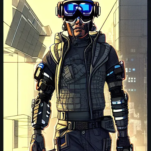 Image similar to male cyberpunk wearing a cyberpunk headset and tactical gear. In style of travis charest and laurie greasley, detailed