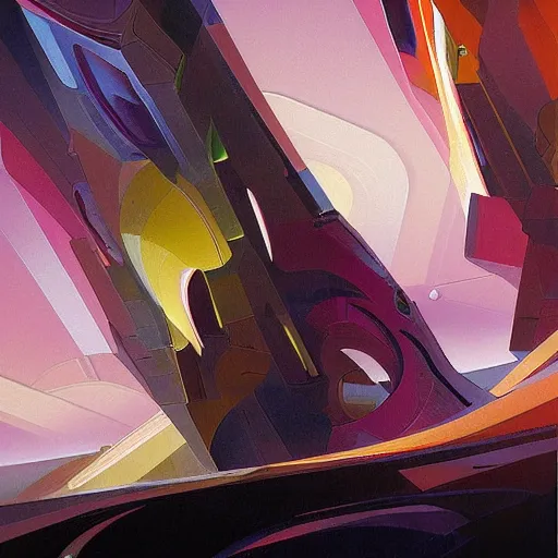 Image similar to a painting in the style of stanton macdonald - wright and in the style of stephan martiniere.