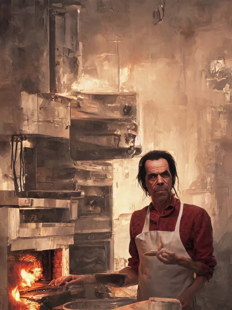 Image similar to a portrait of sad nick cave baking pizza in a painting from stalenhag, 4 k, 8 k, hdr, artstation, concept art