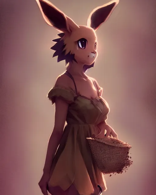 Prompt: photo of eevee pokemon humanisation, in lace brown dress, film still, dslr, by greg rutkowski, ross tran, artgerm, wlop glossy skin, pearlescent, very coherent, cute