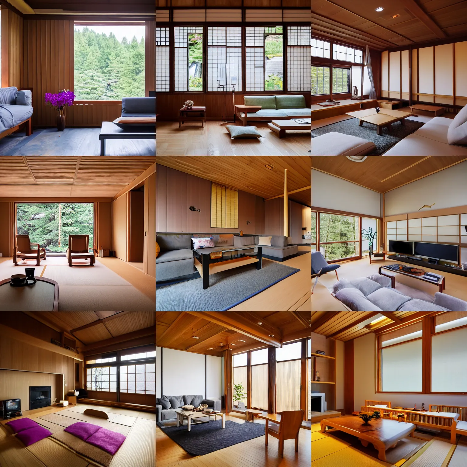 Prompt: full interior view photo of modern fully furnished japanese living room in a luxurious wooden cottage, with floral arrangements, ultra realistic, architecture photography by alvar aalto, telephoto lens, canon rf 8 0 0 mm f / 5. 6 l