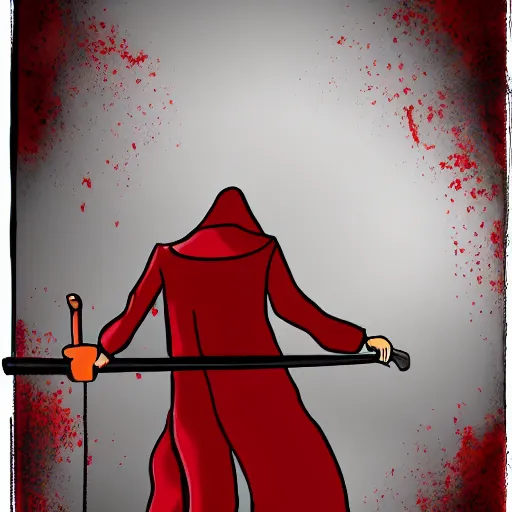 Image similar to Red hooded trench coat faceless person holding a scythe in a red background, cartoon style