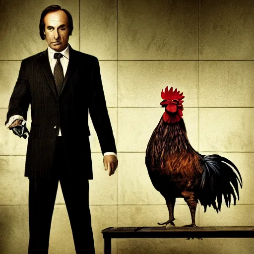 Image similar to saul goodman and a rooster in a saw movie torture chamber, saw movie jigsaw background, saul goodman, rooster, photo