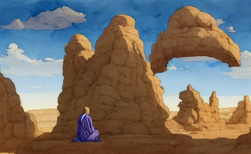 Image similar to a hyperrealist watercolour concept art of a large rock formation with a dimensional portal in the sky. a medieval monk in grey robes is kneeling in prayer below it on a desert road. by rebecca guay, michael kaluta, charles vess and jean moebius giraud. high detail, hq, wide shot