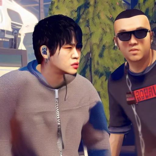 Prompt: Wu Yifan and Jay Chou rap in GTA 5, 4k