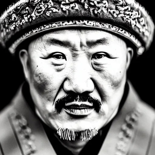 Prompt: Photo of Genghis Khan, close-up, high detail, studio, ominous background, smoke, 85mm Sigma Art Lens