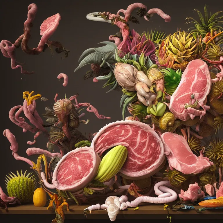 Image similar to still life of surreal alien pastel tropical flowers, rotten moldy meat flesh, colorful mold, surreal alien ribbed tropical fruit, white human spine, baroque painting, beautiful detailed intricate insanely detailed octane render, 8K artistic photography, photorealistic, chiaroscuro, Raphael, Caravaggio