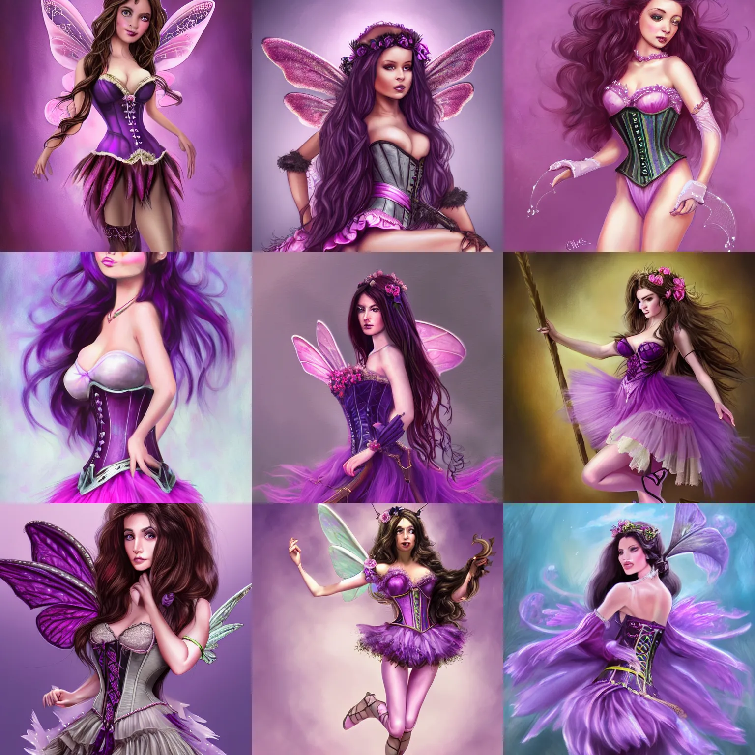 Prompt: brunette fairy woman with long hair, wearing a purple corset and pink tutu, centered, fantasy, highly detailed, digital painting, trending on artstation, concept art, sharp focus, illustration, art by chloe schmid