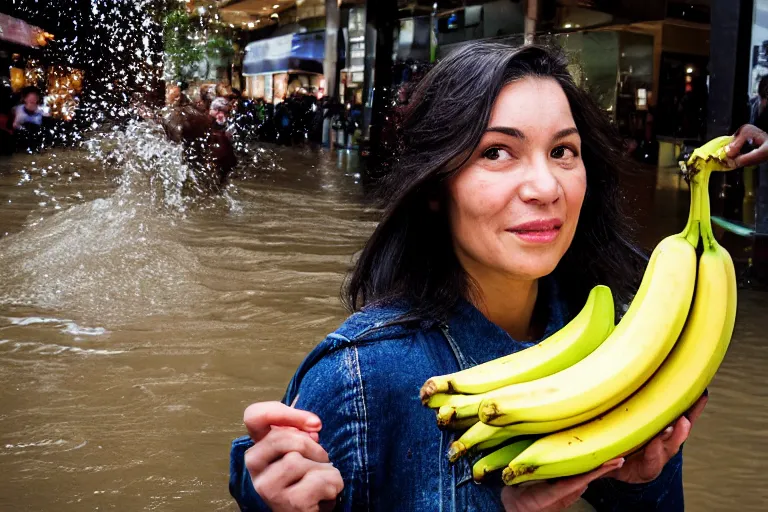 Prompt: closeup portrait of a woman carrying a bunch of bananas over her head in a flood in Rundle Mall in Adelaide in South Australia, photograph, natural light, sharp, detailed face, magazine, press, photo, Steve McCurry, David Lazar, Canon, Nikon, focus