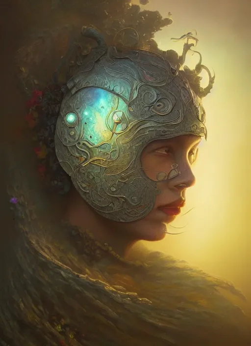 Prompt: helmet of a forgotten deitymade of flower petals, in the style of tomasz alen kopera and fenghua zhong and peter mohrbacher, mystical colors, rim light, beautiful lighting, 8 k, stunning scene, raytracing, octane, trending on artstation