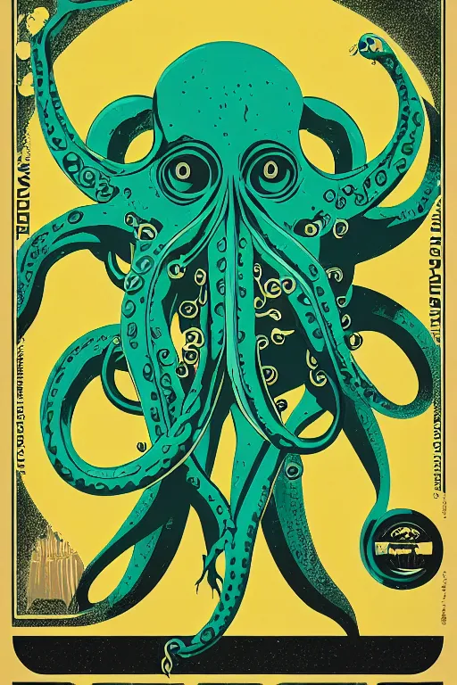 Prompt: a movie poster for the film (green octopus dancing) by Tom Whalen, highly detailed, award winning creature portrait, fantasy, artstation