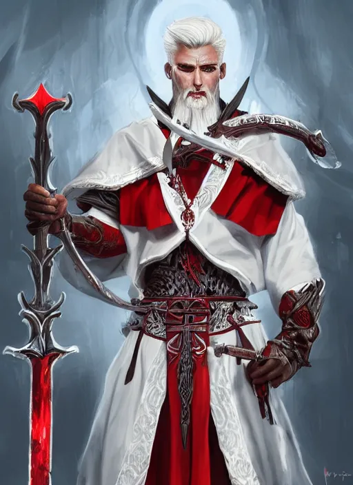 Image similar to a highly detailed illustration of sadistic white haired tanned african priest wearing white robe with red cross design, wielding divine bloody sword, evil smirk, gothic church background, intricate, elegant, highly detailed, centered, digital painting, artstation, concept art, smooth, sharp focus, league of legends concept art, wlop