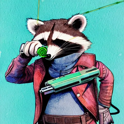 Image similar to racoon holding a laser gun, guardians of the galaxy style, centered award winning watercolor pen illustration, by caroline choi, edited by range murata