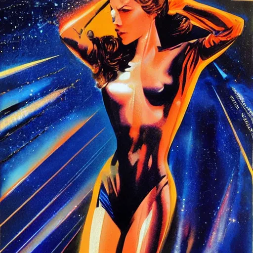 Image similar to photorealistic picture, by bob peak and alex ross, random scifi cover comic book, gouache and wash paints, fine details, fine intricate, fine facial proportionate, fine body proportionate, fine fix broken line, fine fix duplicate line, smooth focus, sharp focus