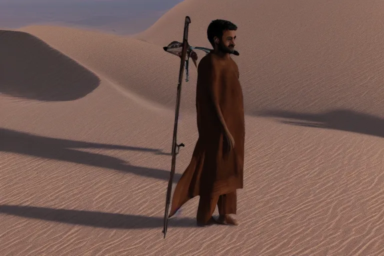 Prompt: detailed photo of wanderer found oaziz in desert, photorealistic