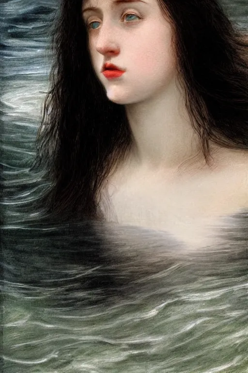 Prompt: young woman's face breaking the waters surface, long black hair, pale skin, symmetrical face, photorealism, 4k, dramatic lightning, by Millais,