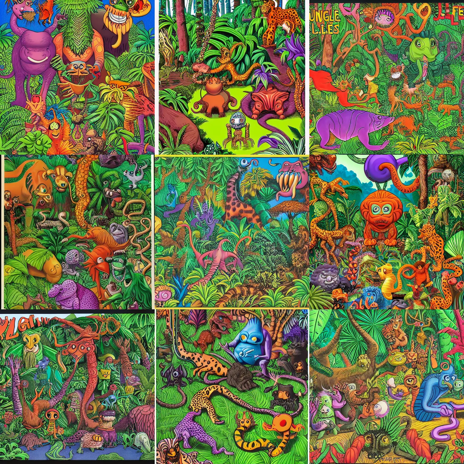 Image similar to a jungle of lies, with creatures of all kinds, full color in the style of jim woodring