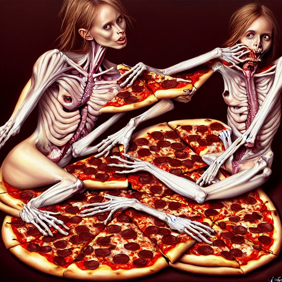 Image similar to bright realistic anorexic ribs boney obese eating herself to death, pizza, appartment, rotten flesh, diffuse lighting, fantasy, intricate, elegant, highly detailed, lifelike, photorealistic, digital painting, artstation, illustration, concept art, smooth, sharp focus, art by francis bacon