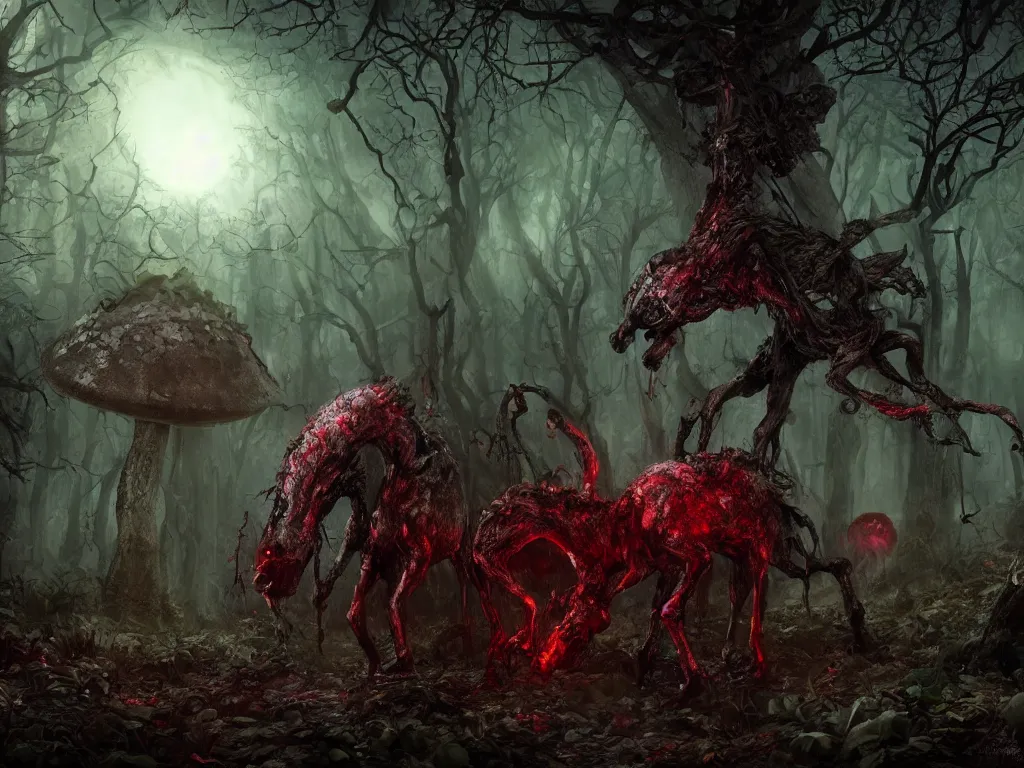 Prompt: Evil zombie horse with red eyes, in a dark toxic mushroom forest. 4K. Concept art. Unreal engine. Highly detailed. Style of Lovecraft.