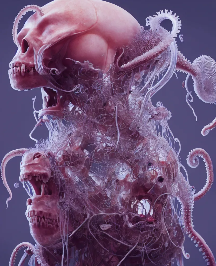 Prompt: boris johnson close - up portrait human skeleton, ram skull, octopus, jellyfish, orchid, betta fish, bioluminiscent, intricate artwork by tooth wu and wlop and beeple. octane render, trending on artstation, greg rutkowski very coherent symmetrical artwork. cinematic, hyper realism, high detail, octane render, 8 k