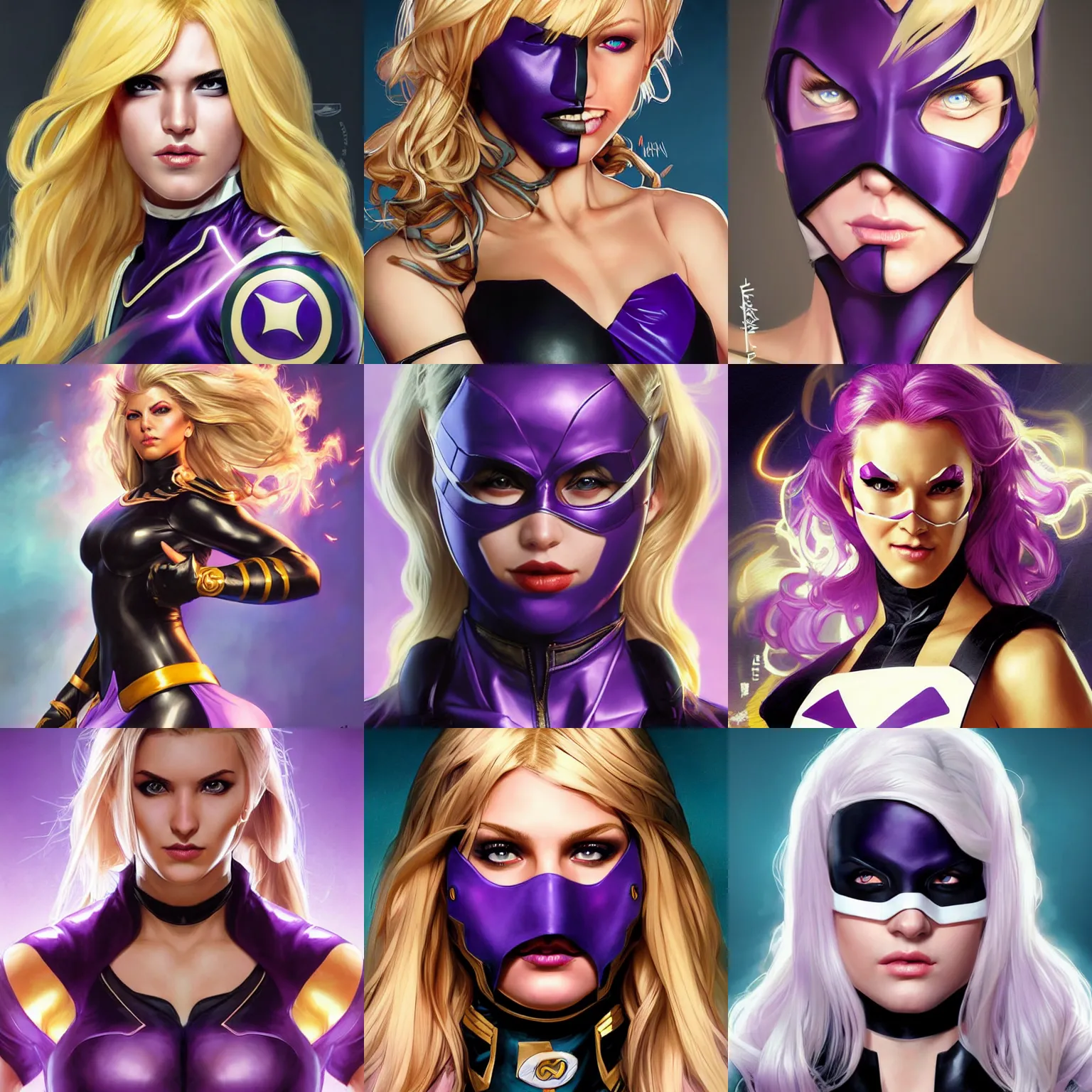 Prompt: character concept portrait, head-on centralized, super-hero girl with a domino mask, blond, black and violet costume. Detailed, high quality, dynamic lightning, fantasy. Artwork by artgerm, WLOP, alex ross, greg rutknowski, Alphonse Mucha