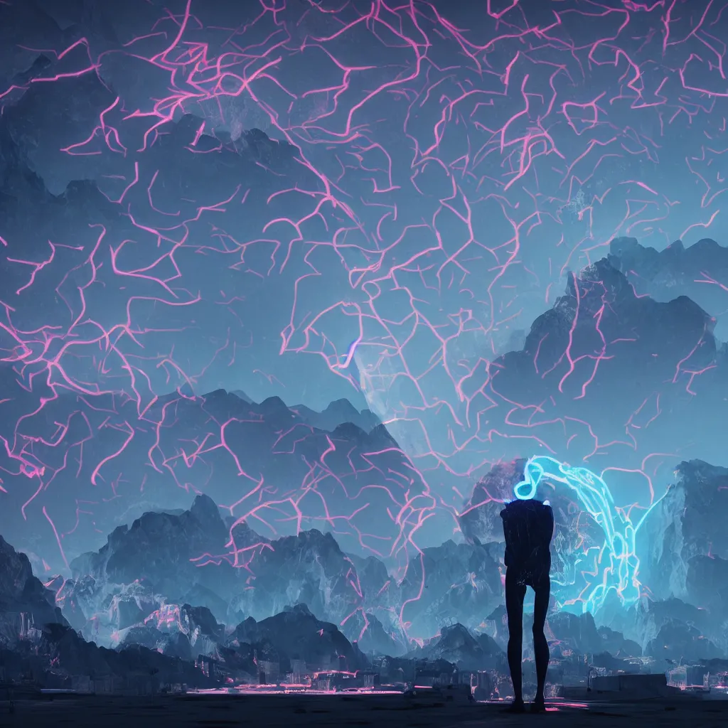 Image similar to manikin made of marble, fractal neon explosion revealing a portal to a vaporwave paracosm, mountains and city in background, rule of thirds, clean linework, dramatic, moody, introspective, cinematic, award winning, 4 k, trending on artstation, photorealistic, volumetric lighting, octane render