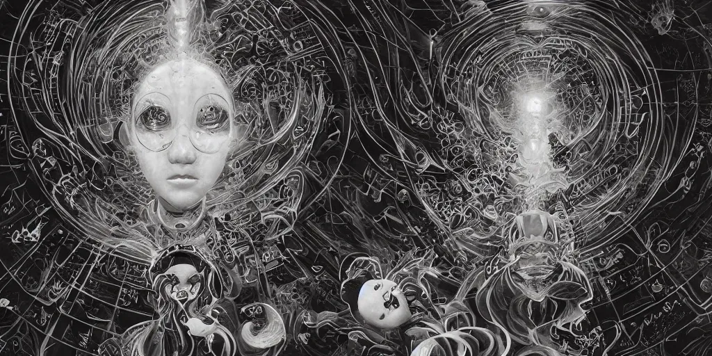 Image similar to Sublime divine holy intergalactic transcendental East Asian secret ancient celestial cosmic language calligraphy graffiti by Ross Tran and James Jean and Marc Simonetti and Craig Mullins and Caravaggio and Georgia O’Keeffe and Pixar and Studio Ghibli Miyazaki, monochrome black and white print