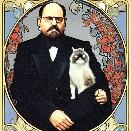 Image similar to “ george costanza holding grumpy cat, sitting on velvet couch, very detailed, by alphonse mucha ”