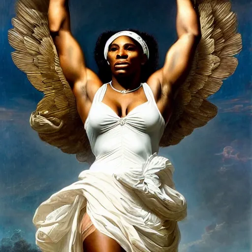 Image similar to Full body Portrait of Serena Williams as Nike Goddess, large wings, luxuriant, dreamy, eternity, romantic, strong pose, highly detailed, in the style of Franz Xaver Winterhalter, highly detailed, in the style of Aetherpunk