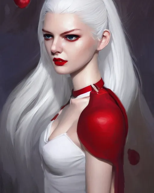 Image similar to tall girl, white hair, white dress, red lips, red belt, long hair, deep focus, d & d, fantasy, sophisticated, elegant, high detail, digital painting, artstation, concept art, matte, clear focus, illustration, hearthstone, art by artgerm and greg rutkowski, fuji choco, victoria gavrilenko and hoang lep