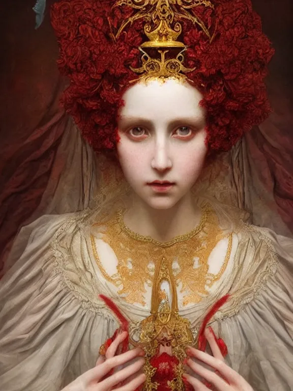 Image similar to a beautiful render of a catholic veiled red queen with symmetry intricate detailed ,pray,by James Jean,Enchanted doll,Lawrence Alma-Tadema,aaron horkey,Billelis,trending on pinterest,hyperreal,feminine,golden ratio,cinematic lighting