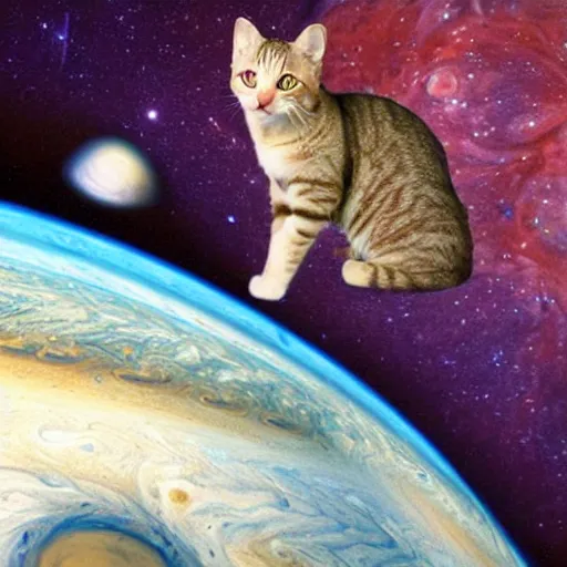 Image similar to cat with astronaut helmet flying over the jupiter, photo