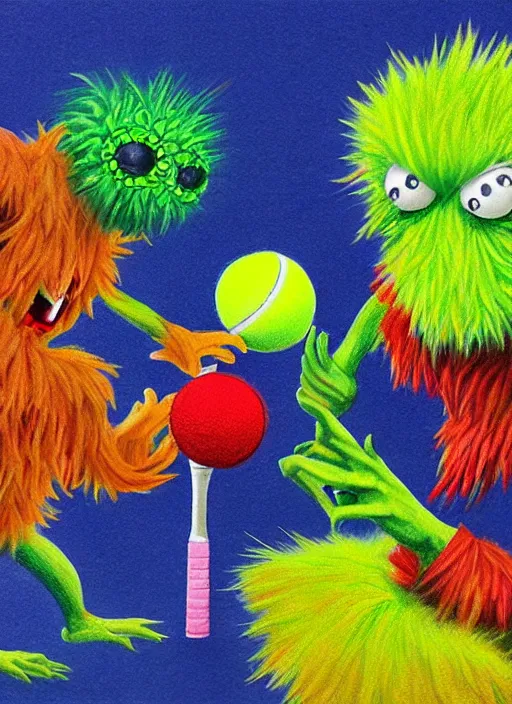 Image similar to tennis ball monsters playing tennis, a tennis ball monster, tennis ball, colorful, digital art, fantasy, magic, trending on artstation, ultra detailed, professional illustration, chalk, poster artwork by basil gogos, clean