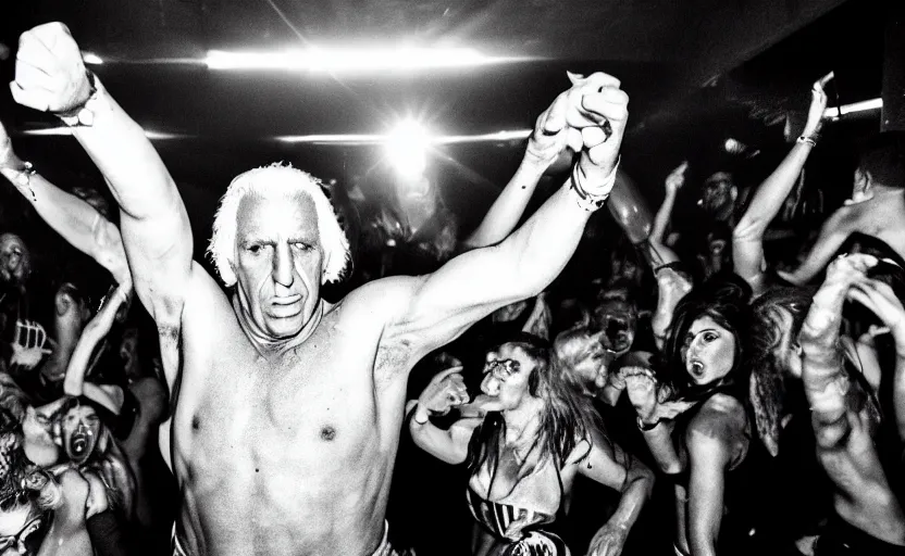 Prompt: long exposure photography of Ric Flair sweating and dancing in a rave party in a disco full of people, detailed face,