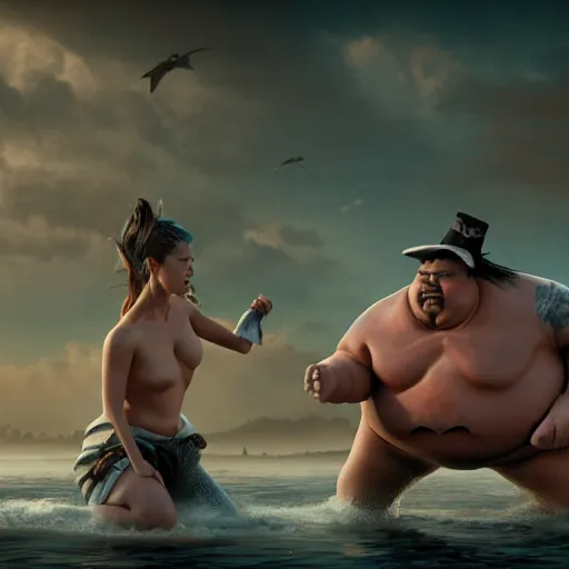 Image similar to Amber Heard and Johnny Depp are sumo fighting, artstation, matte painting, highly detailed, intricate, concept art, dramatic cinematic lighting, octane render, 8k, unreal engine