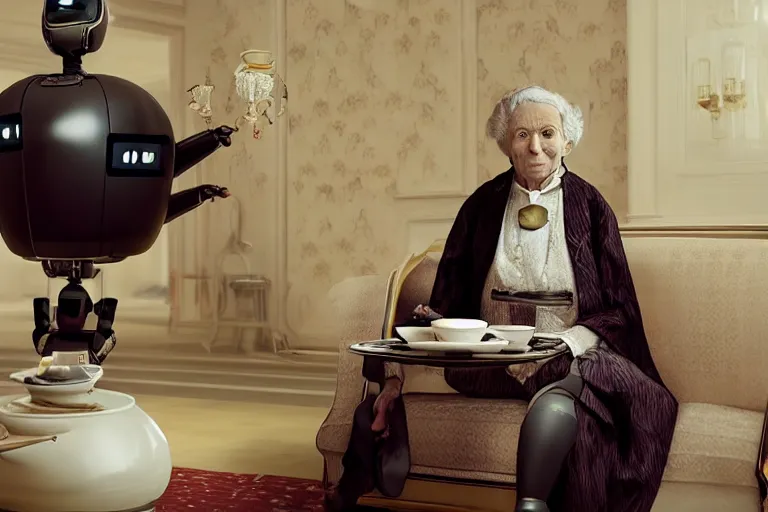 Prompt: VFX movie portrait of old woman served tea by a futuristic butler robot in a decadent living room by Emmanuel Lubezki