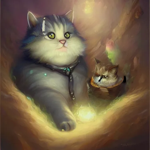 Prompt: cat , cute and adorable, pretty, beautiful, fantasy painting, DeviantArt Artstation, by Jason Felix by Steve Argyle by Tyler Jacobson by Peter Mohrbacher, cosy atmoshpere