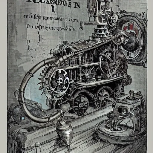 Image similar to a dragon with steam punk machine on it's side, book illustration, beatrix potter