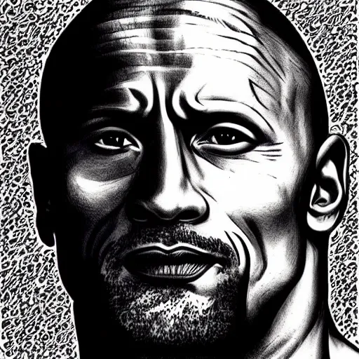 Prompt: dwayne johnson, detailed, pen and ink, stippling