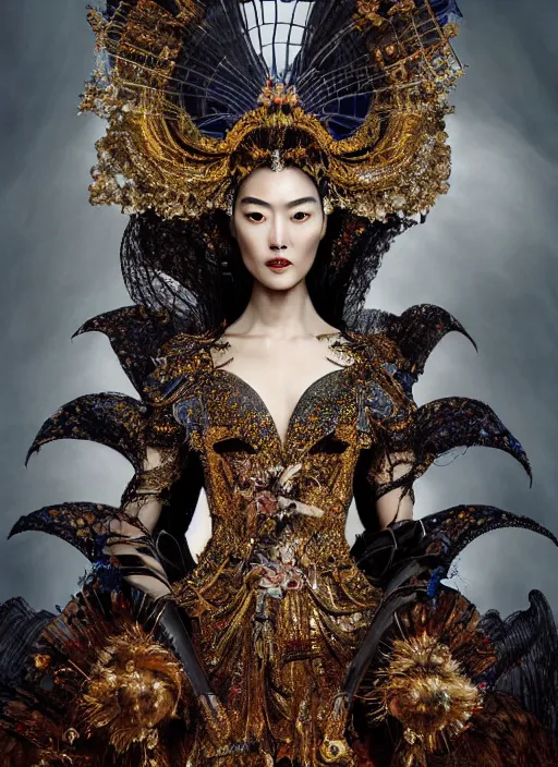 Prompt: portrait of liu wen by irakli nadar with intricate detailed wearing avant garde dress designed by rocky gathercole, haunting, elite, elegant, ruan jia, dark, hyper detailed, concept art, glamour pose, by gustav klimt